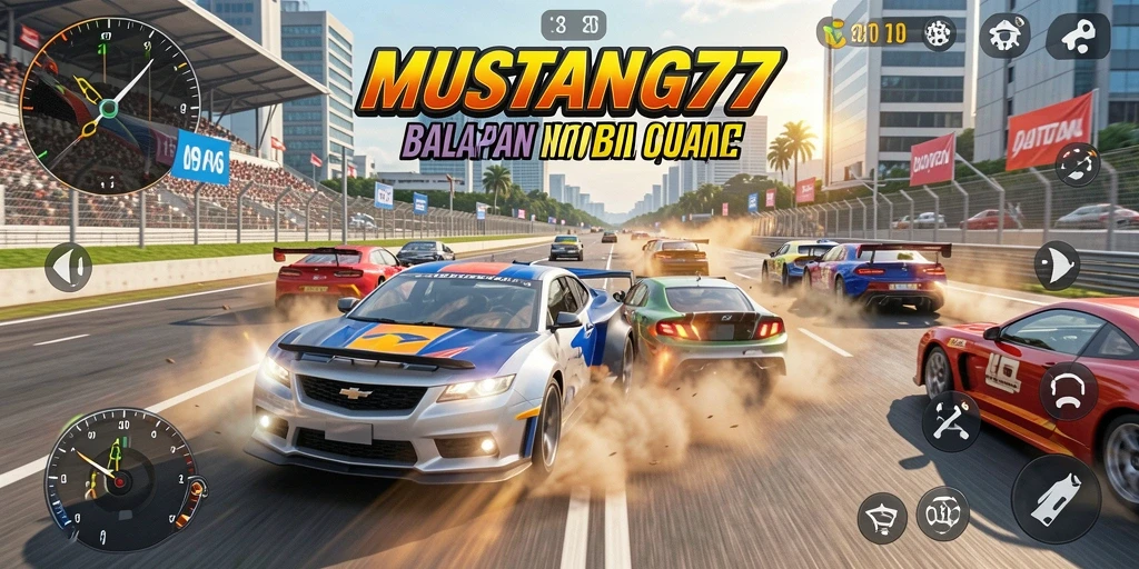 Screenshot gameplay MUSTANG77 menampilkan aksi balap mobil yang seru.