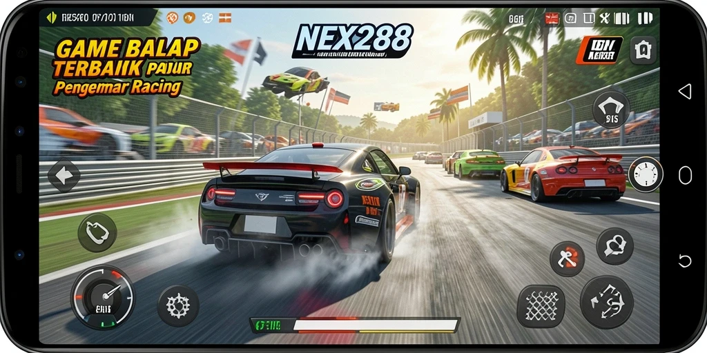 Tangkapan layar gameplay NEX288 menampilkan mobil balap yang melaju kencang di lintasan.