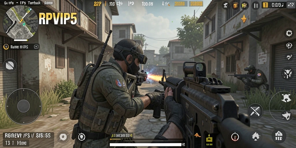 Screenshot gameplay RPVIP5 dengan aksi tembak-menembak yang intens.