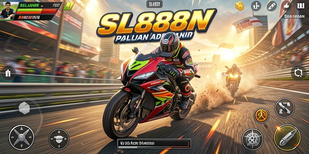 Tampilan gameplay seru SL888 saat balapan motor di trek menantang.