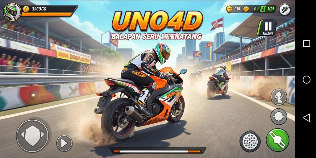 Screenshoot utama UNO4D menampilkan aksi balapan motor yang mendebarkan.